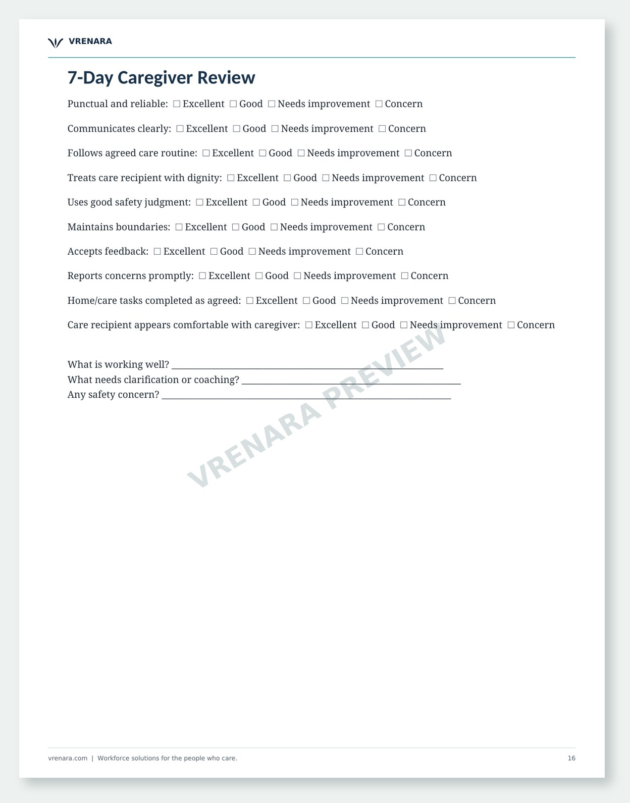 Private Caregiver Hiring Toolkit English preview: 7-Day Caregiver Review for evaluating the caregiver’s first week