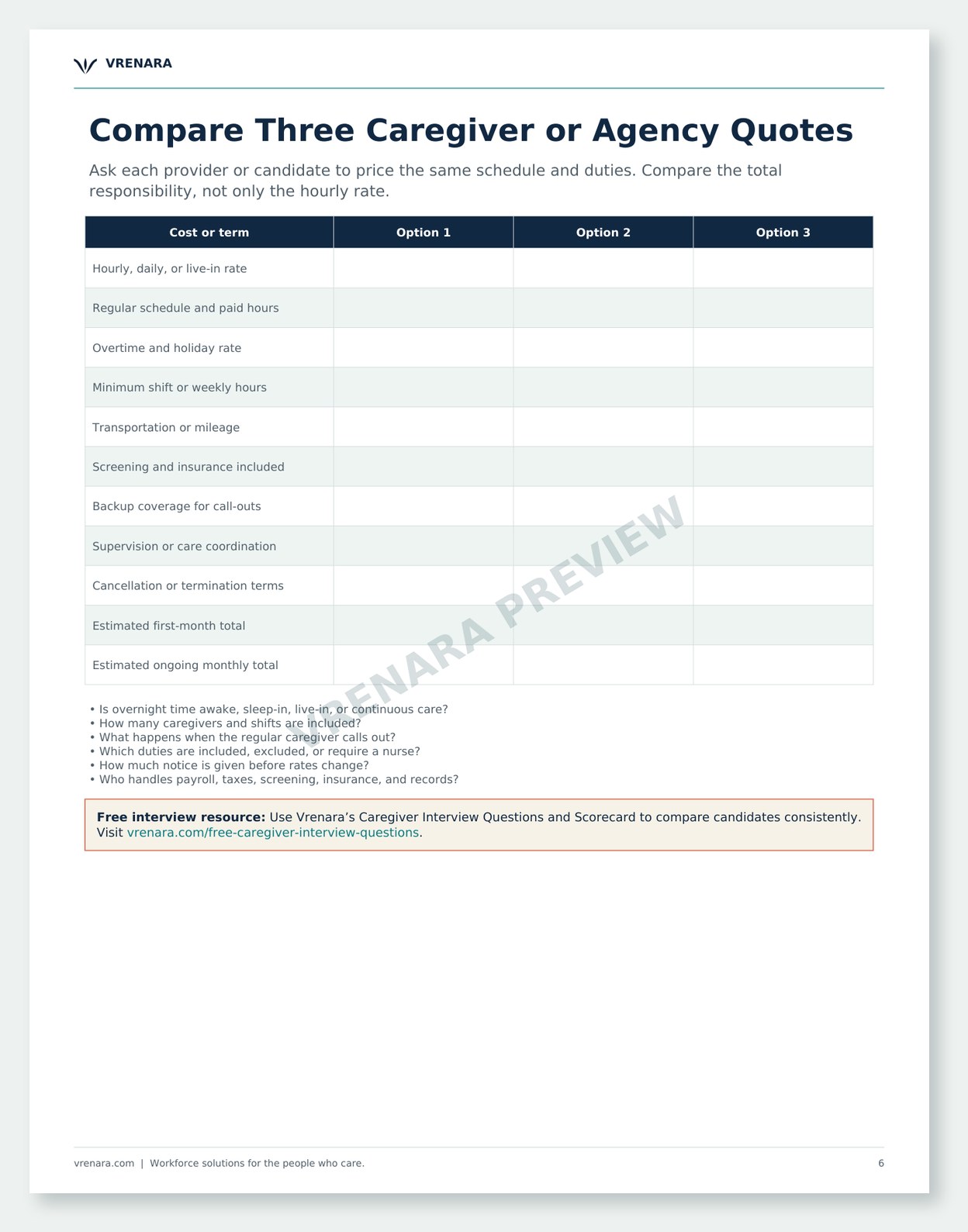 Private Caregiver Hiring Toolkit English preview: Compare Three Caregiver or Agency Quotes