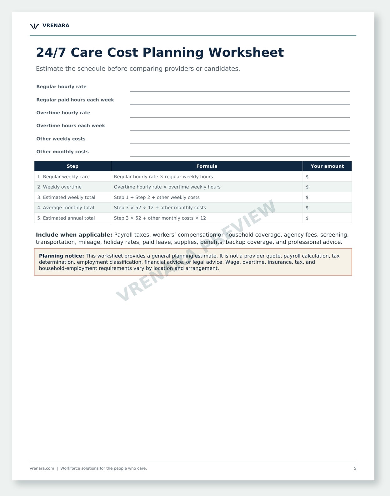 Private Caregiver Hiring Toolkit English preview: 24/7 Care Cost Planning Worksheet