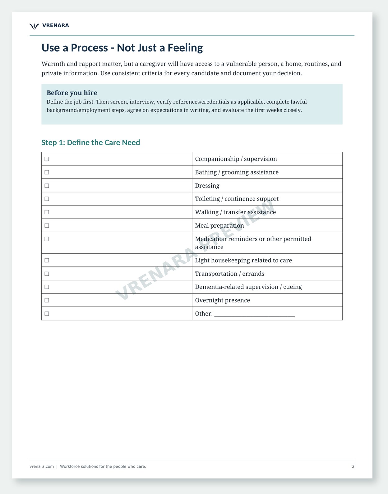 Private Caregiver Hiring Toolkit English preview: Define the Care Need
